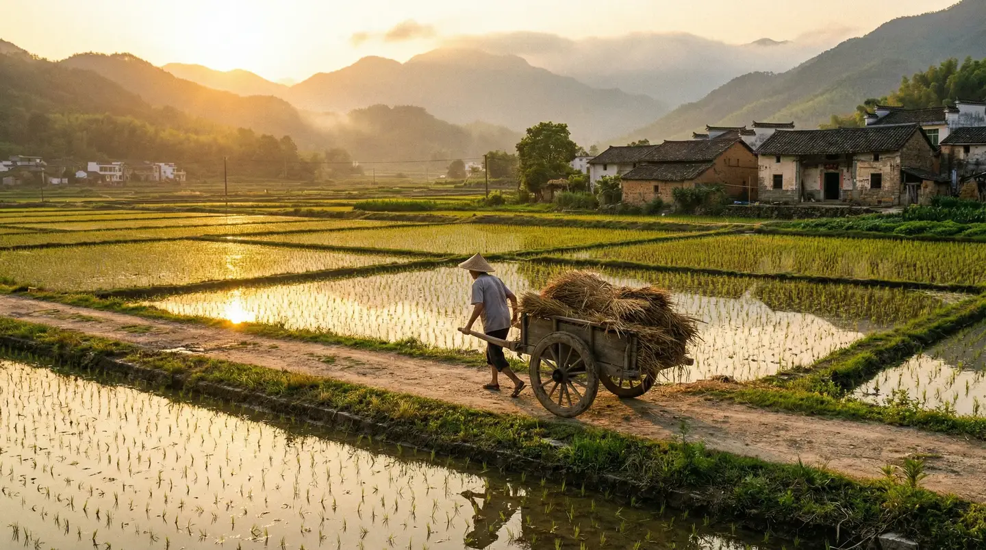 最近中文2019在线观看 - 金色夕阳下的乡村田野，老农推着木车行走在田埂上